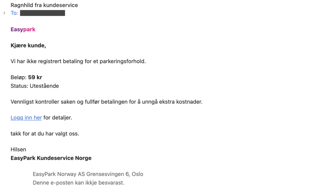 Denne EasyPark-eposten er svindel